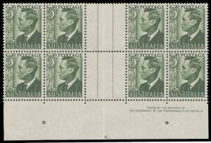 THREE PENCE: 1951 KGVI 3d dark green gutter block of 8 (4x2) with Authority Imprint and large-part Plate Number ' 5 ' BW #252zh, the upper units lightly mounted, the lower units unmounted, Cat $3500 (mounted). Absent from both Stuart Hardy's and "Pericles