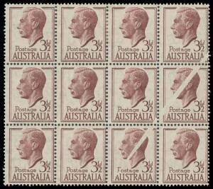 THREE PENCE HALFPENNY: 1951 KGVI 3&frac12;d brown-purple block of 12 (4x3) with three units affected by a stray sliver of paper having been present during printing resulting in two variants of the King with Bandaged Head, the upper units with a hinge remainder o