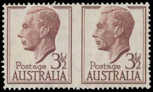 THREE PENCE HALFPENNY: 1951 KGVI 3&frac12;d brown-purple horizontal pair Imperforate Between BW #253b (SG 247a), each unit with a vertical crease (more evident on the right-hand unit), lightly mounted, Cat $15,000 - in 2006 - (&pound;17,000). One of the most exception