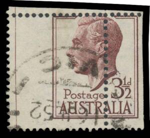 THREE PENCE HALFPENNY: 3&frac12;d brown-purple with Grossly Misplaced Perforations BW #253bb but cut from the sheet at right to preserve the design, Victorian cds of 16JL52, grossly undercatalogued at $500. With an old Australian Stamp Monthly extract that state