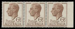 SIX PENCE HALFPENNY: 6&frac12;d brown horizontal strip of 3 from the right of the pane apparently imperforate at right because of Misplaced (Jumped) Perforations BW #255b, unmounted, Cat $1250. [The ACSC states "One sheet was issued...Most...have had the vertica