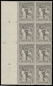 ONE SHILLING & SIX PENCE: 1948 1/6d black Hermes marginal block of 8 (2x4) from the left of the sheet with complete Plate Number '- 2 ' BW #261zb, well centred, unmounted, Cat $500 (mounted). [Better centred & more attractive than the similar "Pericles" b