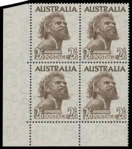 TWO SHILLINGS & SIX PENCE: 2/6d Aborigine Thin Paper lower-left corner block of 4 with No Imprint BW #265z(var), unmounted. This denomination is unlisted on Thin Paper.