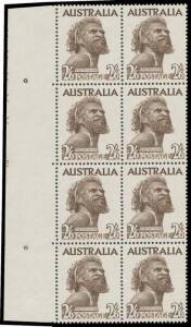 TWO SHILLINGS & SIX PENCE: 2/6d Aborigine marginal block of 8 (2x4) from the left of the sheet with large-part Plate Number 'XXXXX 2 ' BW #266z, two units very lightly mounted otherwise unmounted, Cat $3000 (mounted). [The ACSC states "several examples ar
