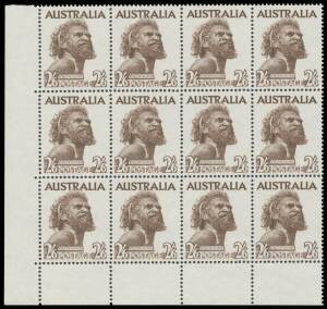TWO SHILLINGS & SIX PENCE: 2/6d Aborigine Emergency Printing on Whiter Paper lower-left corner block of 12 (4x3) with No Imprint BW #267za, exceptional centring, unmounted, Cat $500++.