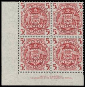 1948-56 ARMS: 5/- carmine Thin Paper BW #268a Authority Imprint block of 4, unmounted, Cat $1000 (mounted). Very scarce: absent from the Stuart Hardy and "Pericles" Collections.