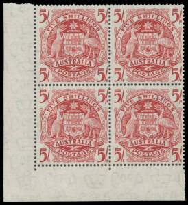 1948-56 ARMS: 5/- red on Thin Paper BW #268a No Imprint block of 4, unmounted, Cat $600++ as singles. Unlisted in the ACSC. With a normal block of 4 (*/**) for comparison [The catalogue prices the 5/- Thin Paper imprint block of 4 at $1000, but overlooks 