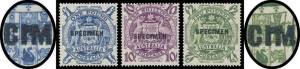 1948-56 ARMS: 10/- purple, &pound;1 blue & &pound;2 green with 'SPECIMEN' Overprint each with 'IM' in 'SPECIMEN' Joined BW #269xc, 270xb & 271xa unmounted, Cat $6000. Separate Chris Ceremuga Certificates (2009). The ACSC states that this variety occurred at position