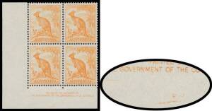 HALFPENNY KANGAROO: &frac12;d orange Dry Ink Authority Imprint block of 4, small-part of a second reversed & inverted (offset?) imprint at the base, unmounted. Neither variety is listed in the ACSC.