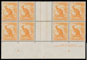 HALFPENNY KANGAROO: &frac12;d orange gutter block of 8 (4x2) with Authority Imprint and complete Plate Number ' 4 ' at the base BW #180zd, unusually well centred, light vertical fold in the gutter, unmounted, Cat $3500+ (mounted). [The ACSC states "There are sev