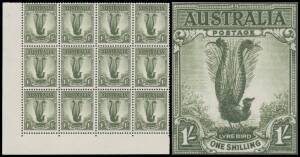 ONE SHILLING LYREBIRD: 1/- green lower-left corner No Imprint block of 12 (4x3), the third unit in the second row [R9/3] with the rare "Green Mist" Retouch BW #210g (SG 230da), two normal units lightly mounted otherwise unmounted, Cat $2000 (&pound;3500). One o