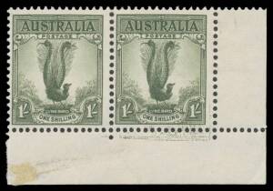 ONE SHILLING LYREBIRD: 1/- green lower-right corner pair, the second unit with an interesting "Kiss Print" of the Upper Portion of the Design in the margin, minor blemishes.