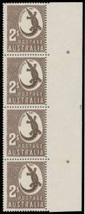 TWO SHILLINGS ABORIGINAL ART: 2/- brown vertical strip of 4 from the right of the sheet with almost complete Plate Number '9', the central units are unmounted, Cat $2500.