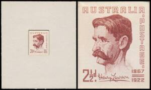 1949 Henry Lawson 2&frac12;d die proof in brown-red (not "red-brown", as stated in the ACSC) recessed in the original presentation mount (75x89mm) BW #275DP(1), 'CBA/NOTE PRINTING/BRANCH' cachet on the reverse of the mount endorsed " 24 / 2-6-49", Cat $3500. [Th