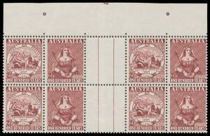 1950 Stamp Centenary 2&frac12;d maroon se-tenant gutter block of 8 (4x2) from the top of the sheet with large-part Plate Number ' 4 ' BW #279zc, folded in the gutter, unmounted, Cat $2000 (mounted). Absent from both Stuart Hardy's and "Pericles" Collections.