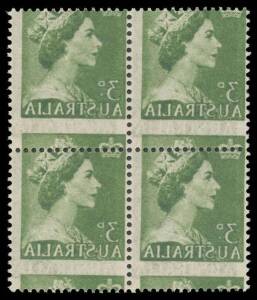 1953-56 QEII Definitives 3d green with Strong 100% Offset BW #295c block of 4, unmounted, Cat $800+. Striking!