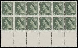 1953-56 QEII Definitives 3d deep green Coil Perf block of 12 (6x2) from the base of the sheet with complete Plate Number ' 1 ' at the base BW #295za, Aberrant Perfs in the Margin, excellent centring, three units very lightly mounted otherwise unmounted, C