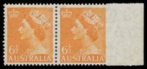 1953-56 QEII Definitives 6&frac12;d orange marginal horizontal pair from the right of the sheet, the second unit Imperforate at Right BW #298ba, unmounted, Cat $2500. [Stuart Hardy's example in a strip of 4 sold for $1840]