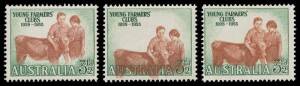 1953 Young Farmers Clubs 3&frac12;d red-brown & green with minor downward misplacement of the vignette & another with Major Downwards Misplacement BW #303c, both unmounted, Cat $500+. With a normal example (*) for comparison.