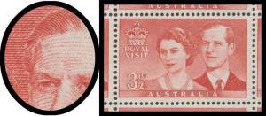 1954 Royal Visit 3&frac12;d red Sheet D block of 40 (4x10) with Major Recut to Duke's Forehead (State II) BW #308ja plus the three units with Extended Left-Hand Frame at Top, Coloured Spur on Queen's Right-Hand Shoulder and Re-Entry to Right-Hand Frame BW #308k 