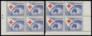 1954 Red Cross Centenary 3&frac12;d blue & red lower-left corner block of 4 with One Plate Dot or block of 8 with Two Plate Dots BW 312zn & zp, plus lower-right corner block of 4 with complete Plate Number '- 4 -' BW #312zm, unmounted, Cat $1000. (3 blocks)