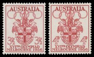 1956 Olympic Games 3&frac12;d carmine-lake BW #332E(1), very well centred, unmounted, undercatalogued at $5000 (2006). Ex Australia Post Archives. An internationally important item for an Olympic Games collection. With a normal 4d stamp for comparison.