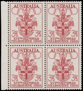 1956 Olympic Games 3&frac12;d carmine-lake BW #332E(1) marginal block of 4 from the left of the sheet, unmounted, undercatalogued at $20,000 (2006). Ex Australia Post Archives. Although the ACSC characterises this item as an "essay", it is more correctly an un