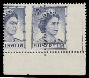 1959-63 QEII 5d deep blue lower-right corner pair from the left-hand pane with Grossly Misplaced Perforations BW #355be, minor hinge remainders, Cat $200+. Very scarce.