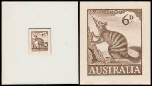 1959-63 Animals 6d Anteater die proof in dull brown recessed in presentation mount (82x89mm) BW #358DP(1), 'CBA/NOTE PRINTING/BRANCH' cachet in violet on the reverse & endorsed " 20 /10-8-60", Cat $3000. Superb! Ex Derick Ray. [The ACSC states 11 die proo
