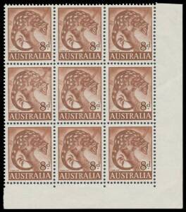 1959-63 Animals 8d Tiger Cat with Retouched Shading to Right of the Animal's Head State IV (Typhoon Retouch) being the fourth unit in lower-right corner block of 9, well centred, the upper units very lightly mounted otherwise unmounted, Cat $200+.