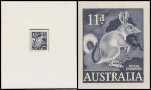 1959-63 Animals 11d Bandicoot die proof in deep blue recessed in presentation mount (86x100mm) BW #361DP(1), 'CBA/NOTE PRINTING/BRANCH' cachet in violet on the reverse & endorsed " 25 /20-3-61", Cat $3000. Superb! Ex Derick Ray. [The ACSC states 10 die pr