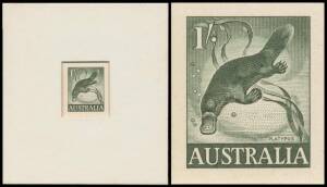 1959-63 Animals 1/- Platypus die proof in deep green recessed in presentation mount (78x87mm) BW #363DP(1), 'CBA/NOTE PRINTING/BRANCH' cachet in violet on the reverse & endorsed " 31 /18-8-59", Cat $3000. Ex Derick Ray. [The ACSC states 9 die proofs were 