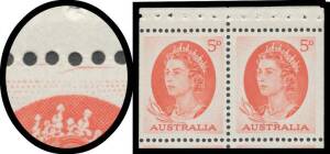 1963-65 QEII 5d bright red with Plate Crack above the Oval BW #403k being the first unit in a booklet pane of 6 (2x3), unmounted, Cat $250.