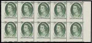 1963 Royal Visit 5d green block of 10 (5x2) with Grossly Misplaced Perforations BW #392bb, unmounted, Cat $500+.