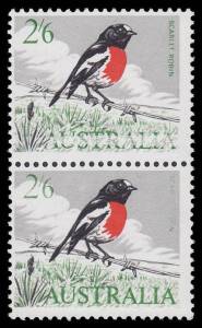 1964-65 Birds 2/6d Robin with Green Printing Partly Omitted BW #421cb vertical pair, very minor gum disturbance, Cat $3000+. This is an unlisted variant of BW #421cb. On the upper unit 'AUSTRALIA' is Abraded; on the lower unit '2/6' is weak & 'SCARLET ROB
