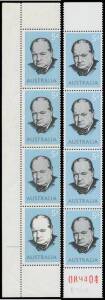 1965 Sir Winston Churchill 5d vertical strip of 4 from the left of the sheet, the last unit with Light Grey Printing Completely Omitted #BW430ca (SG 377a), one of the better centred strips, minor bends characteristic of this error, unmounted, Cat $12,500+