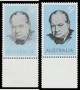 1965 Sir Winston Churchill 5d Dry Print of the Grey Ink (Portrait & 'AUSTRALIA') marginal single from the base of the sheet, unmounted. Unlisted in the ACSC. With a normal stamp for comparison.