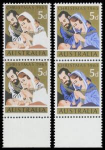 1965 Christmas 5d Holy Family vertical pair from the base of the sheet both with Blue Printing Completely Omitted #BW435cb (SG 381b), very well centred, unmounted, Cat $2500+ (&pound;2000+). With a normal pair for comparison.