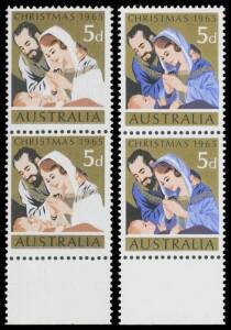 1965 Christmas 5d Holy Family vertical pair from the base of the sheet both with Blue Printing Completely Omitted #BW435cb (SG 381b), very well centred, unmounted, Cat $2500+ (£2000+). With a normal pair for comparison.