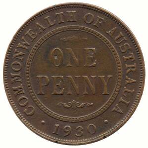 AUSTRALIA: Penny 1930 with Indian obverse, small pock-marks & the reverse with small indentation within the 'O' of 'ONE' & two small edge faults below the date. A presentable example of this always popular coin. Provenance: International Auction Galleries