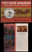 AUSTRALIA: One Dollar group with Silver 1oz Kangaroo carded Specimens 1993-95 (2 of each), 1996, 1997 (2) and 1998-2000; 1993 Landcare silver proof, Brisbane Fair & BBC card (7); 1984-92 Five $1 coins set card, 1997 Kingsford Smith 2 coin folder (3), 2000 - 2