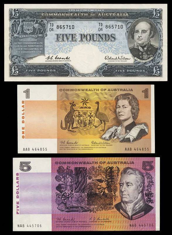 AUSTRALIA: Banknotes: Pre-decimal group with, 10/- KGVI Armitage/McFarlane & QEII Coombs/Wilson Reserve Bank (3); £1 QEII Coombs/Wilson Reserve Bank with Emerald reverse (5); £5 QEII Coombs/Wilson Reserve Bank aUNc; and Decimals with $1 Coombs/Wilson (2)