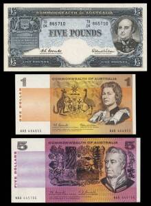 AUSTRALIA: Banknotes: Pre-decimal group with, 10/- KGVI Armitage/McFarlane & QEII Coombs/Wilson Reserve Bank (3); £1 QEII Coombs/Wilson Reserve Bank with Emerald reverse (5); £5 QEII Coombs/Wilson Reserve Bank aUNc; and Decimals with $1 Coombs/Wilson (2) 