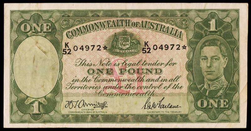 AUSTRALIA: One Pound 1942 £1 Armitage/McFarlane Star Note 'K/52 04972 *' (R 30s), some slight creasing & very minor tears on the lower edge and some soiling on the front left. A very presentable example of this rare note, Cat $25,000+, VF.