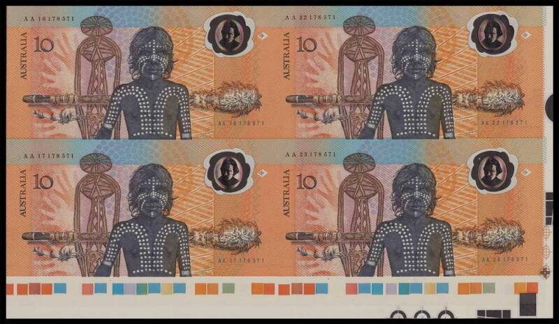 AUSTRALIA: Uncut group with 1988 $10 Johnston/Fraser, Bicentennial Polymer corner block of 4; 1990 $5 Fraser/Higgins paper issue corner block of 4; 1991 $10 Fraser/Cole paper issue 3 vertical pairs & 2 lower marginal pairs, Cat $720.