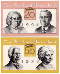 AUSTRALIA: 1996 $5 $10 $20 & $50 dated annual series in matching Premium Folders with Red Numbers 'AA 96 000 808'.