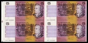 AUSTRALIA: Five Dollars 1990 Fraser/Higgins uncut lower half-sheet of 20 and two consecutive marginal blocks of 4 'QDK/QDL/QDU/QDV 000885-000886', Cat $650.