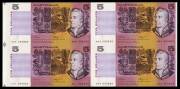 AUSTRALIA: Five Dollars 1990 Fraser/Higgins uncut lower half-sheet of 20 and two consecutive marginal blocks of 4 'QDK/QDL/QDU/QDV 000885-000886', Cat $650.