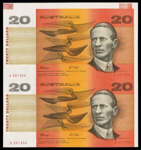 AUSTRALIA: Twenty Dollars 1993 $20 Fraser/Cole presentation folder with an Uncut Marginal Pair numbered in Red 'A/B 001954', and an Uncut Marginal Block of 4 numbered in Red 'C/D/E/F 000897'. (2 items)