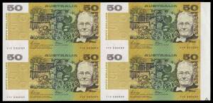 AUSTRALIA: Fifty Dollars 1989 Phillips/Fraser uncut right marginal block of 4 with prefix letters 'YYE/YYF/YYP/YYQ' & numbered '000009', Cat $2350. Only 72 such blocks were sold.